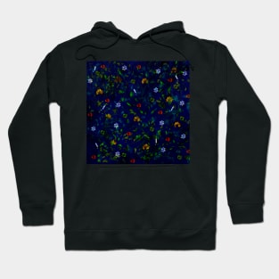 Flower Explosion of red, blue, yellow, green on navy blue background Hoodie